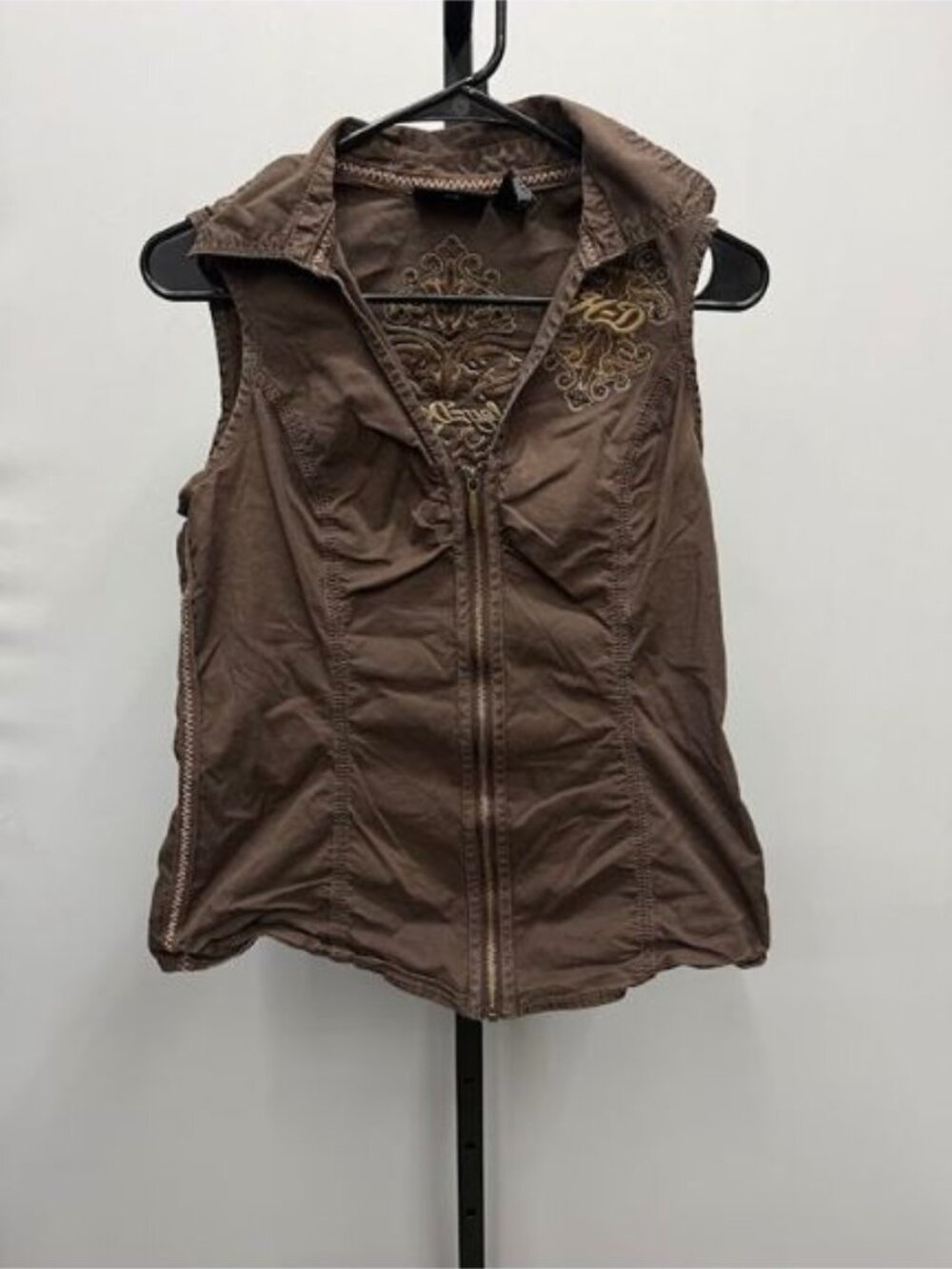 Harley Davidson Brown Embroidered Embellished Sleeveless Button Down Shirt